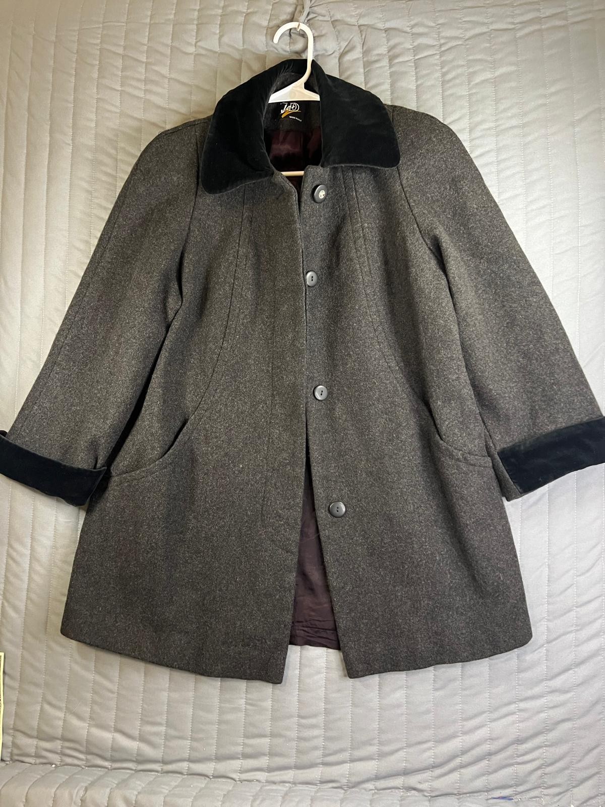 VTG Jo-D Petite Wool Blend Car Coat Charcoal Gray Velvet Collar Cuffs Women PS