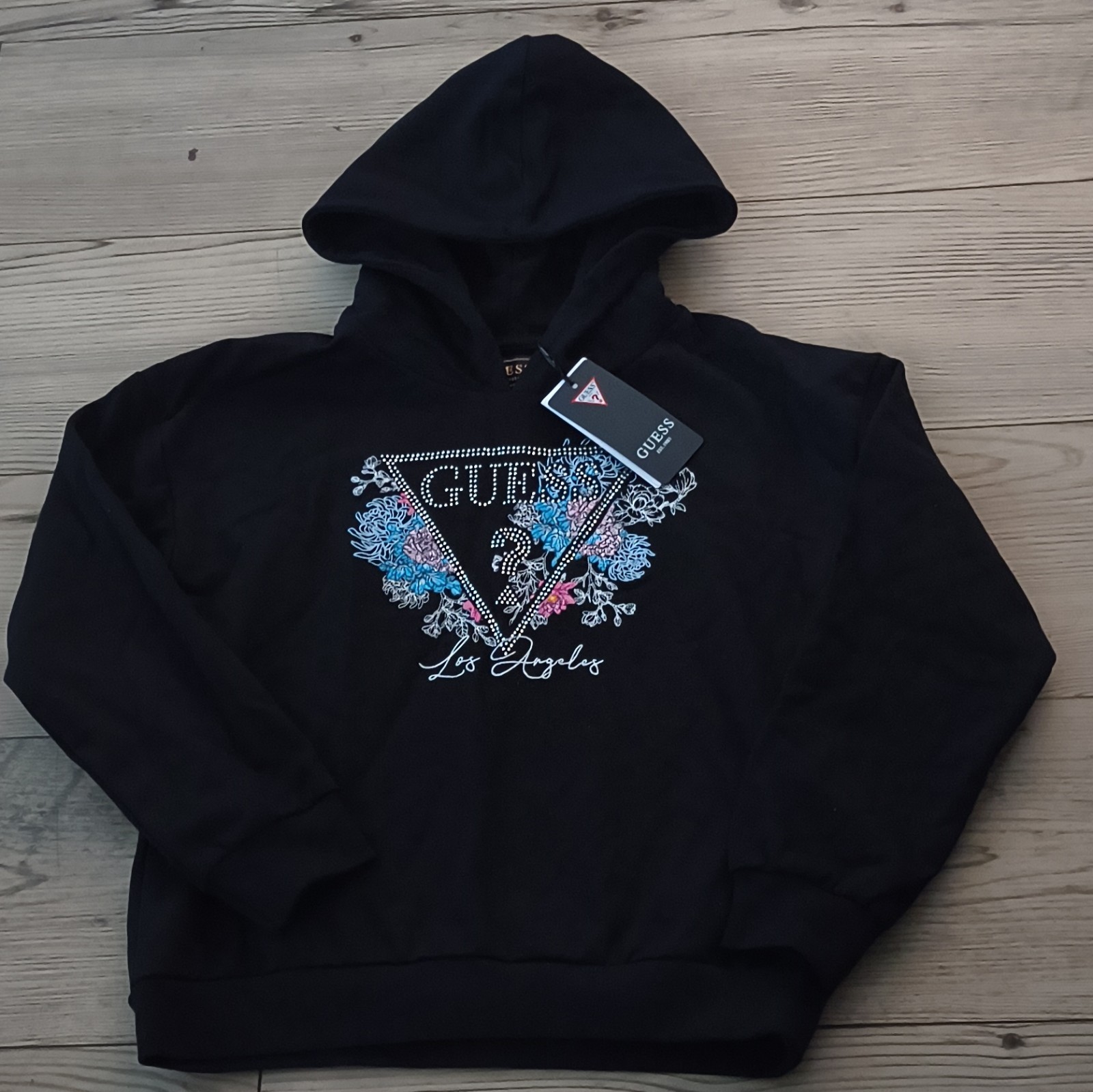 GUESS Girls Size 8 Black Pullover Hooded Fleece Cotton Logo Graphic Hoodie