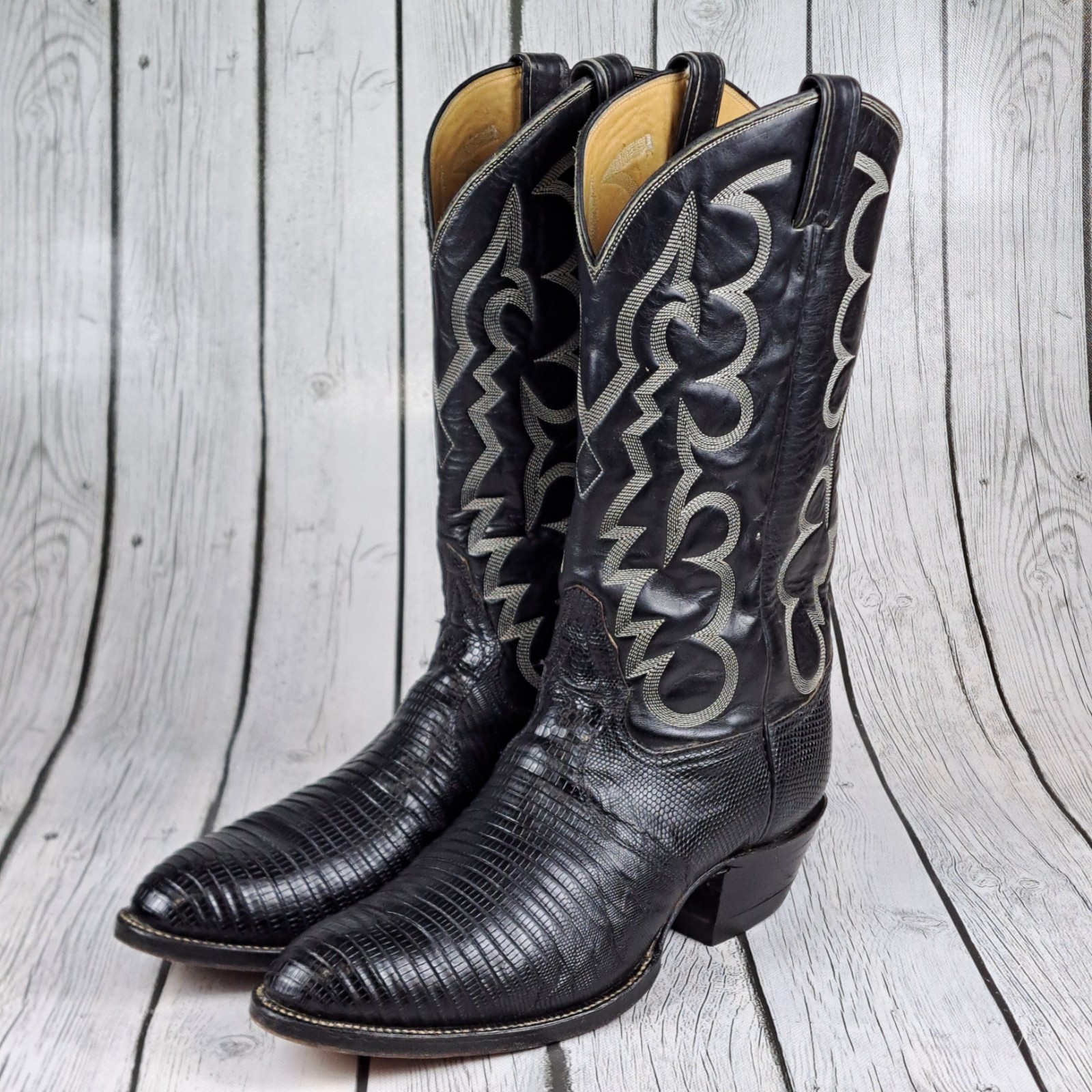 Vintage Tony Lama Boots Mens 10.5 D Lizard Skin Black