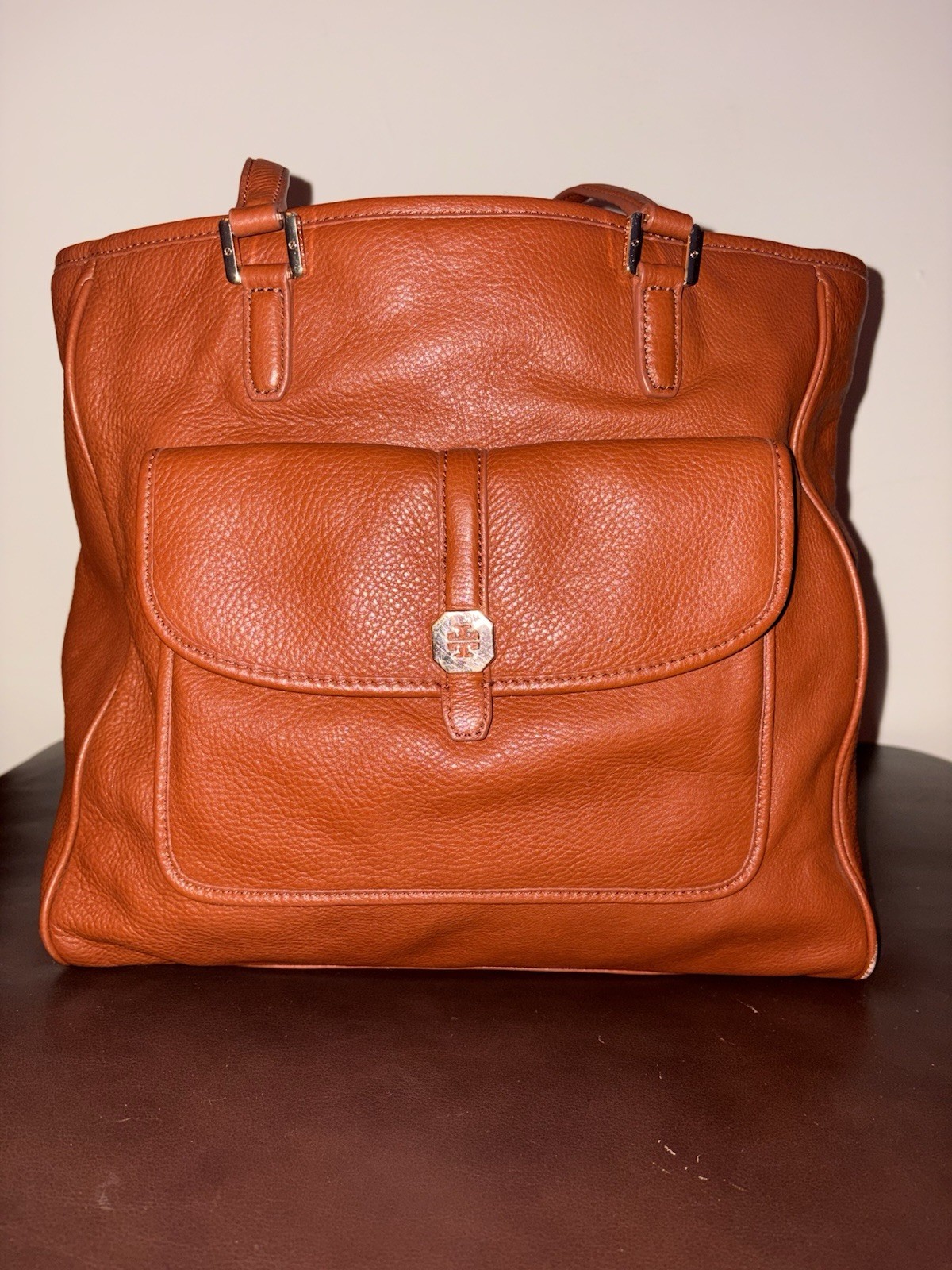 Tory Burch VINTAGE EUC Women\'s Large Cognac Pebbled Leather Tote Handbag Preppy 
