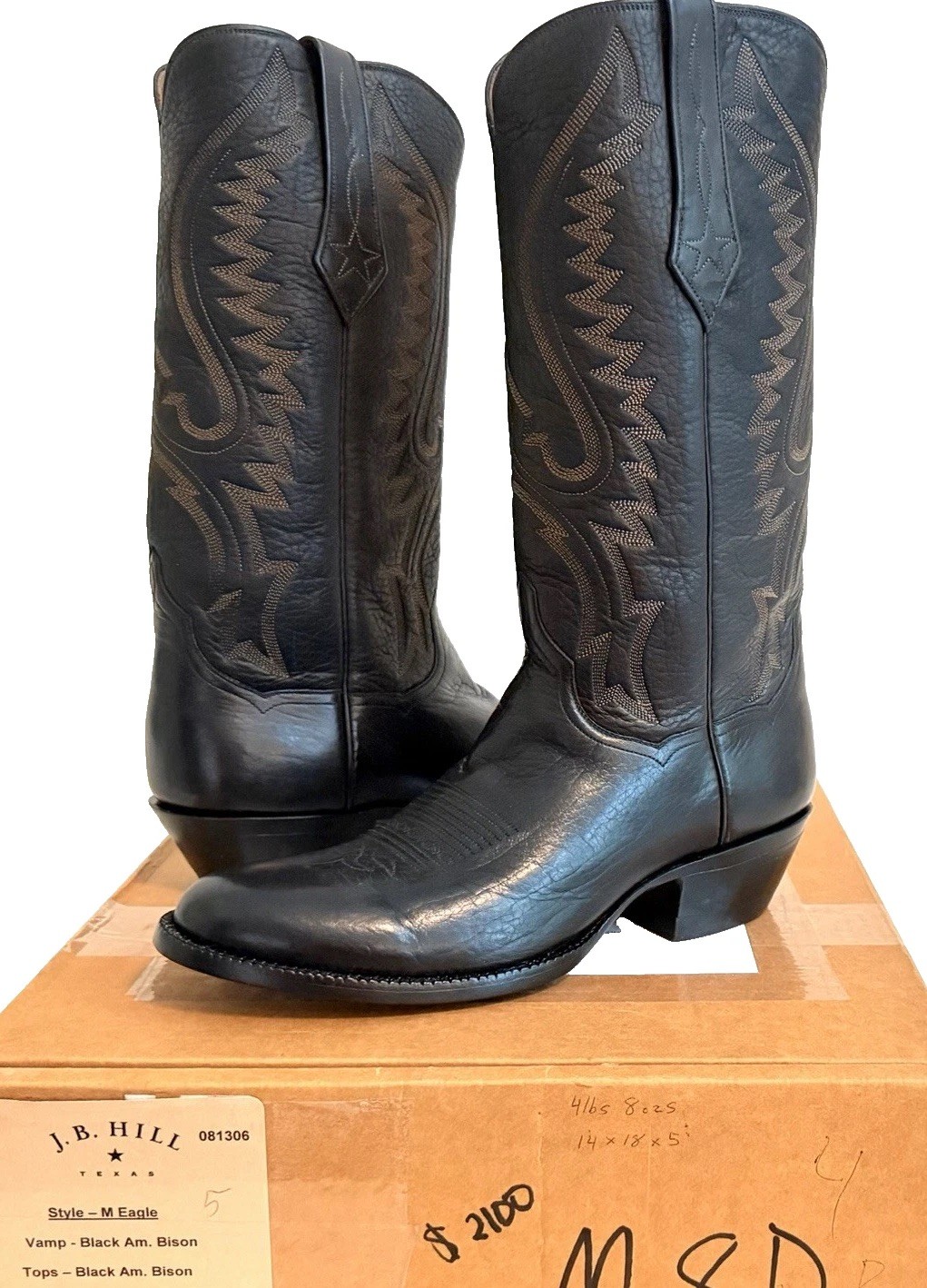 NEW $2100 J.B. Hill Texas Handmade Black American BISON Men’s 8D Cowboy Boots