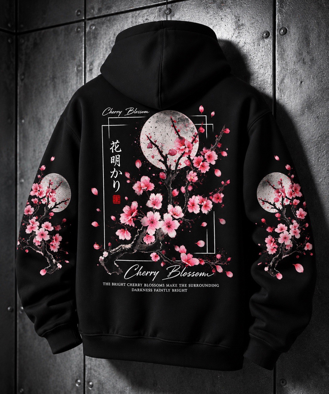 Japanese Cherry Blossom Hoodie Black Sakura Floral Graphic Pullover Sweatshirt
