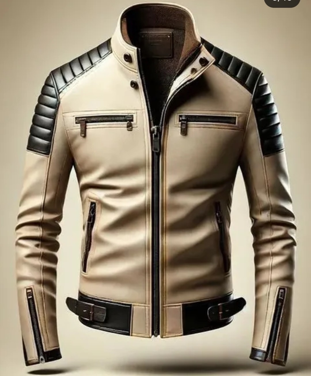 Men\'s Genuine Leather Cafe Racer Motorcycle Jacket Biker Quilted Shoulder Coat