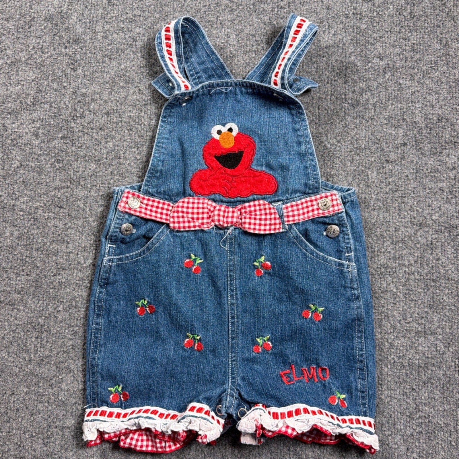 Vintage Sesame Street Elmo Denim Shortalls Toddler 24M Blue Cherry Gingham Trim