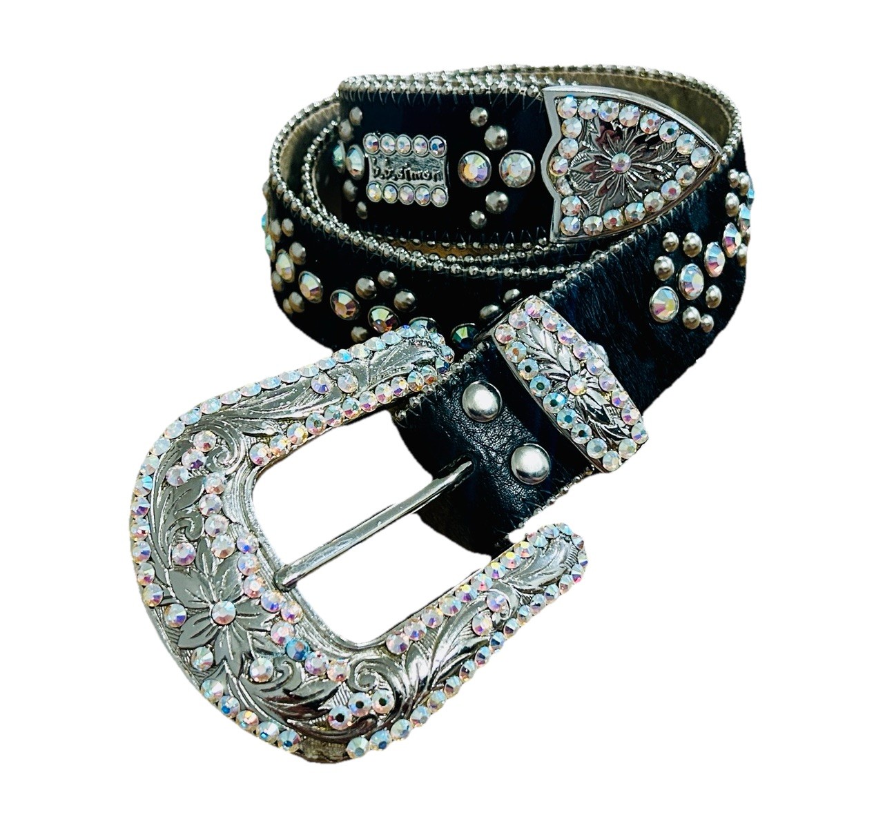 Rare B.B. Simon Crystal Rhinestone Belt Black Cowhide Size 34 Style 3074 S96