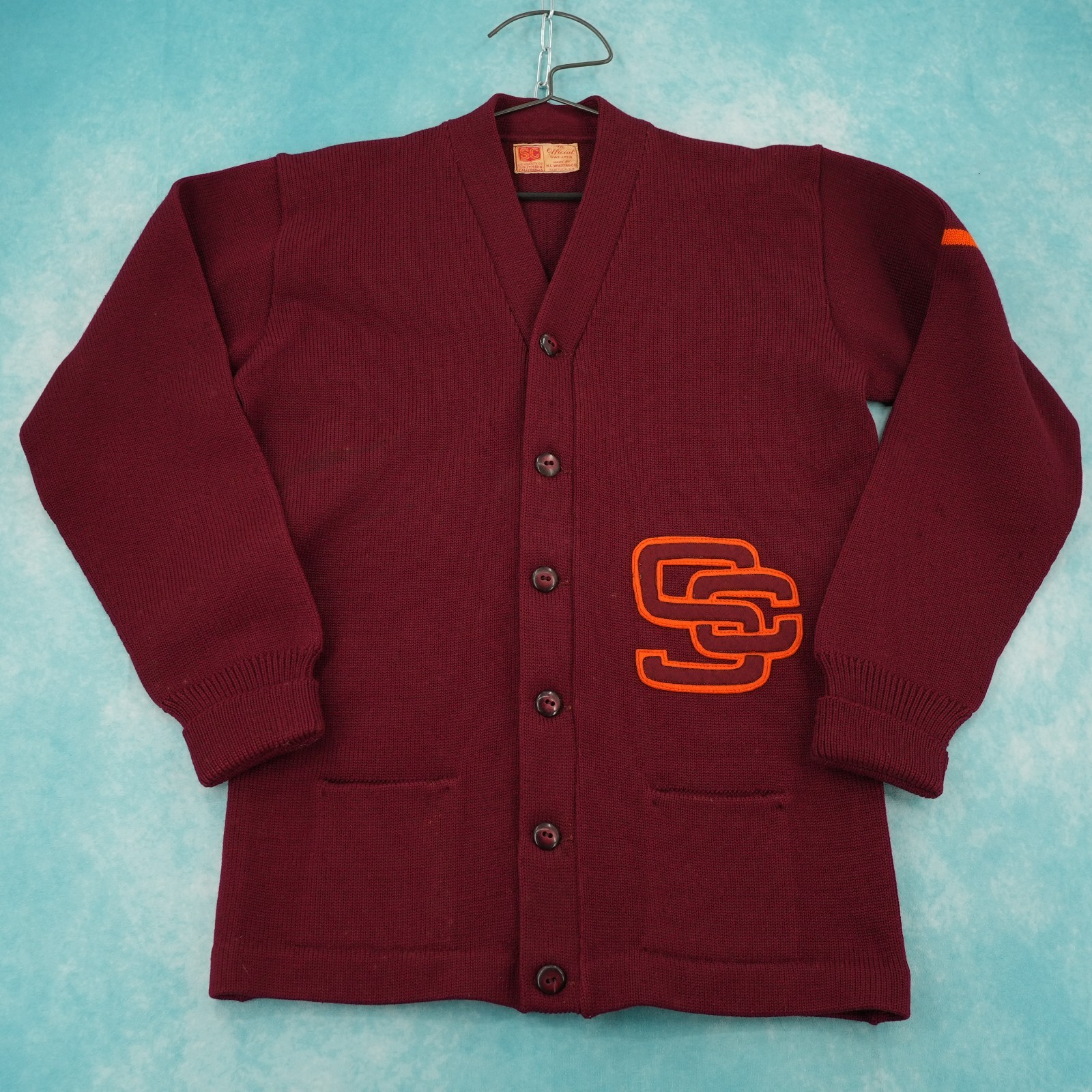 Vintage 1954s USC Wool Varsity Letterman Cardigan Maroon Orange Chenille
