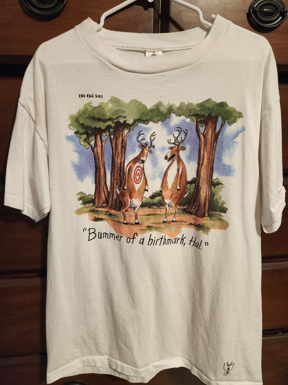 Vintage 1986 The Far Side Bummer Of A Birthmark Hal Shirt Mens XL White