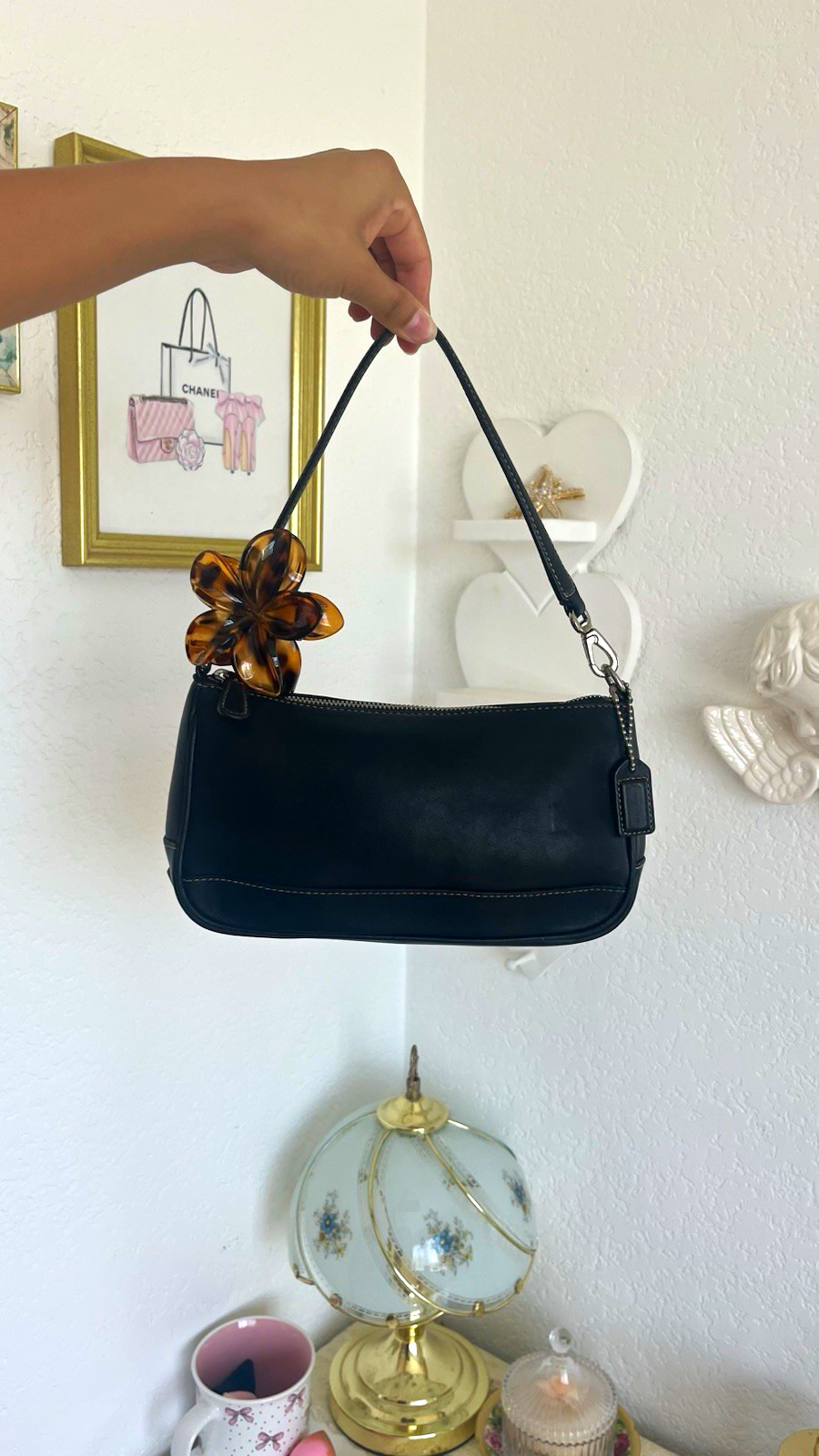 Coach Black Leather Small Zip-Top Shoulder Bag w/ Flower Charm