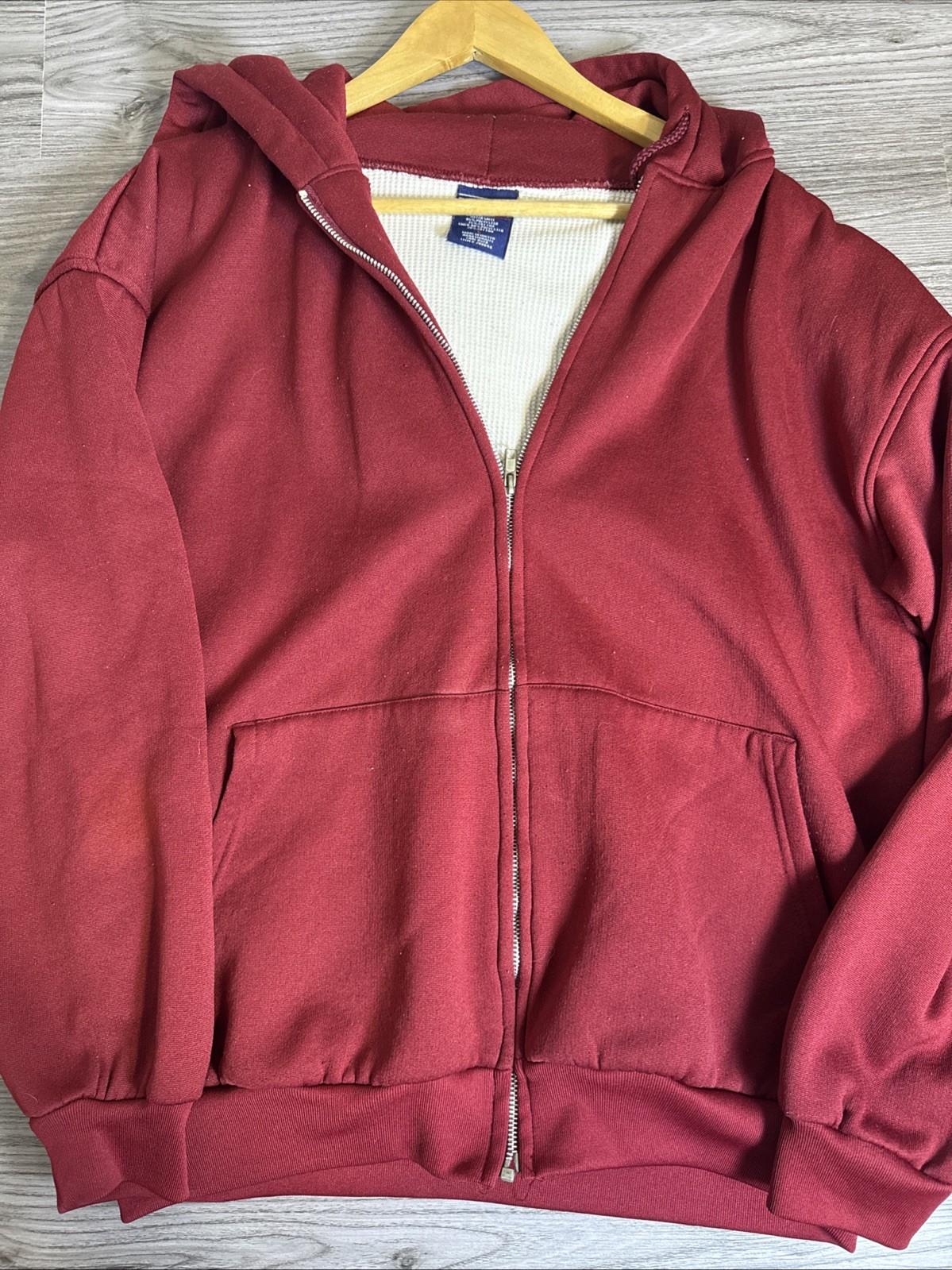 Vintage Pluma Thermal Hoodie Mens Red Sz Large Waffle Lined Full Zip Jacket Fade