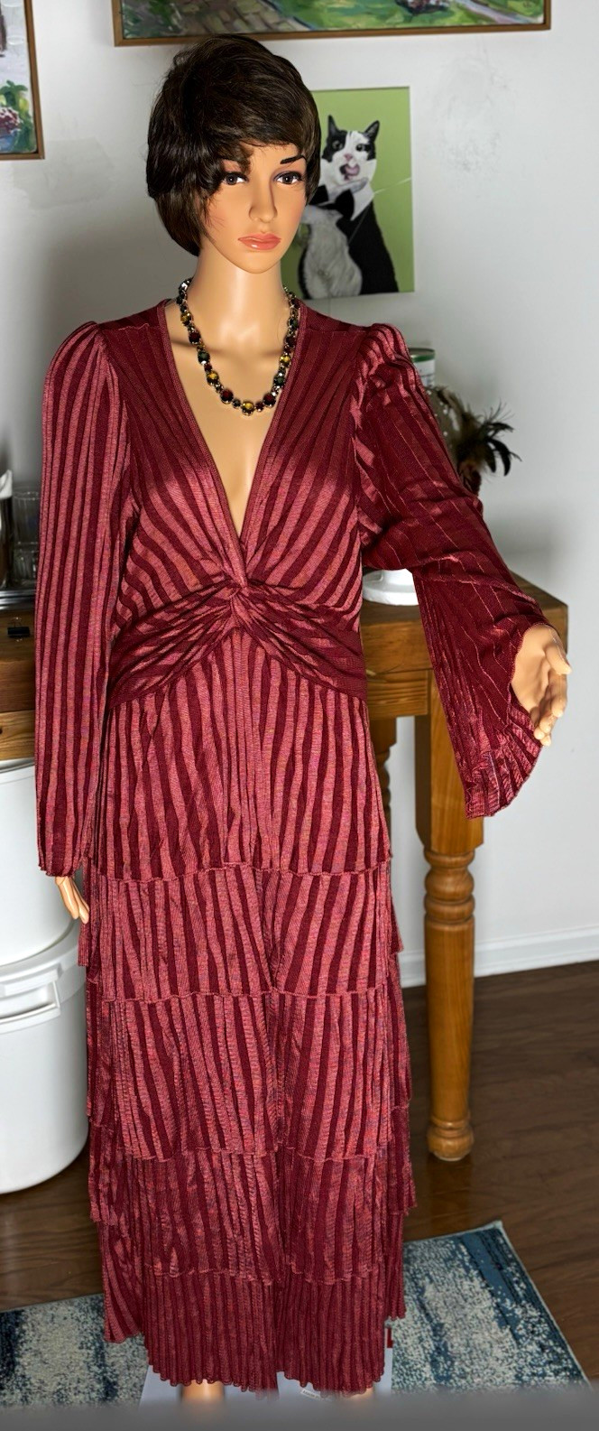 Anthropologie Plus 1X Burgundy Striped Pleated V-Neck Bell Sleeve Midi Dress