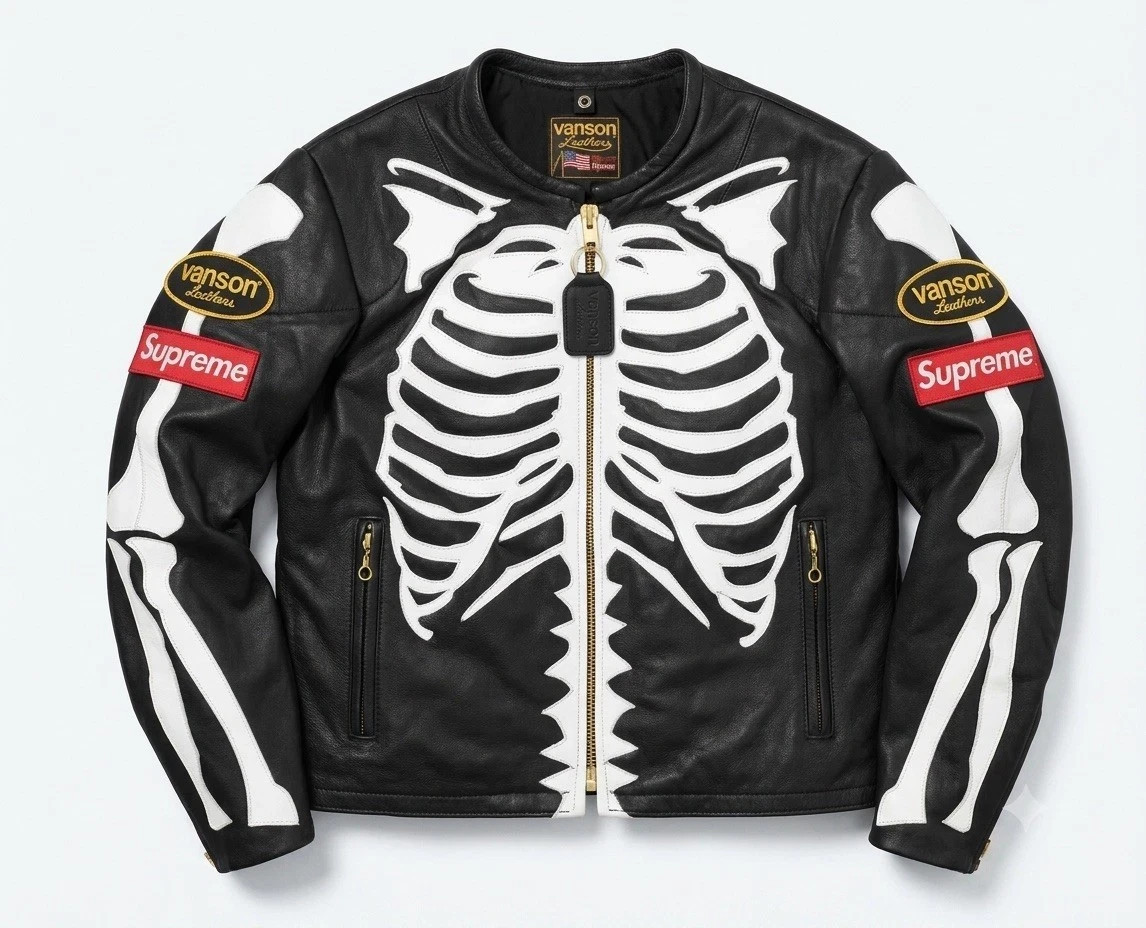 Men\'s Leather Jacket Motorcycle Skeleton Biker Genuine Cow Leather Jacket