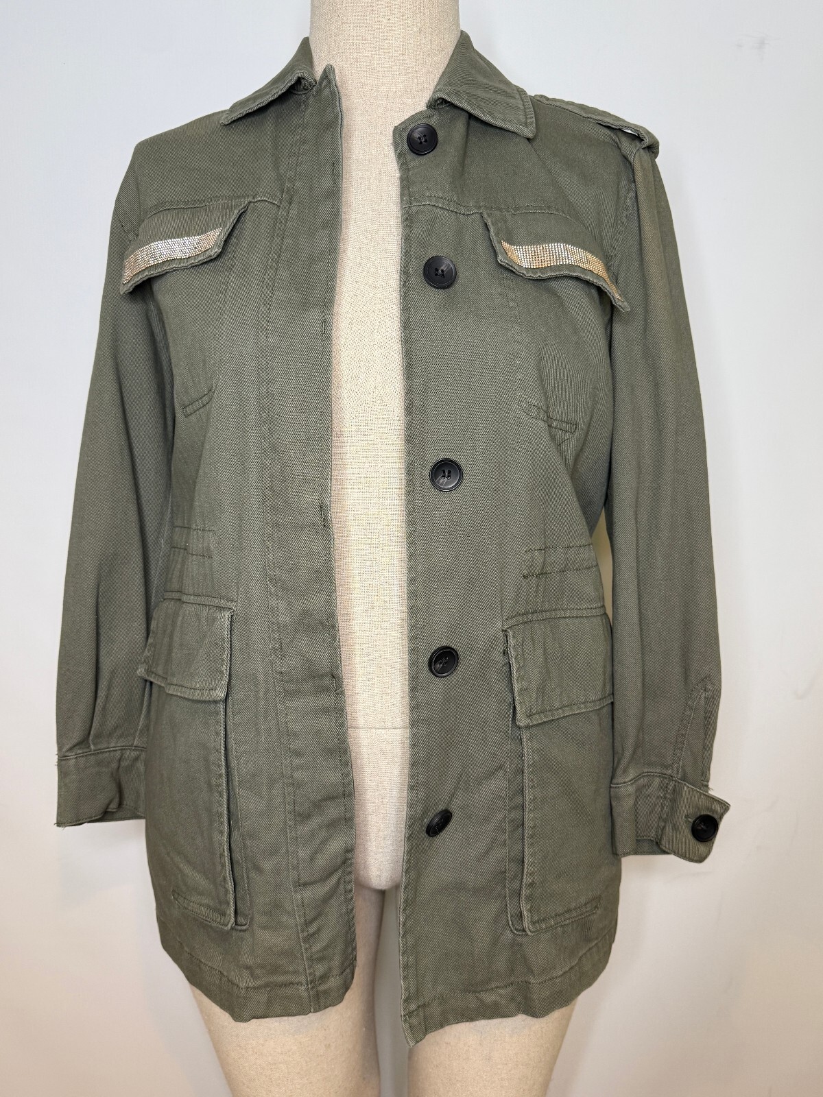 ZARA Combination Shiny Trim Utility Jacket Khaki Green Size S