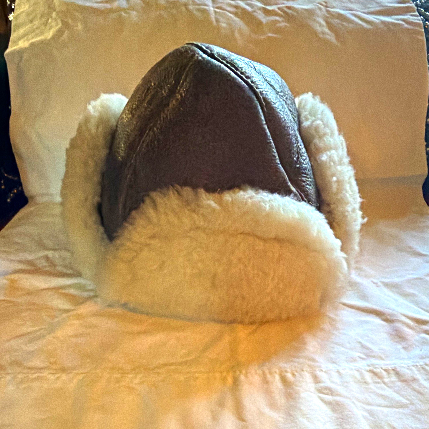 Big Horn Sheepskin Company Brown Leather Shearling Trapper Hat Ear Flaps M