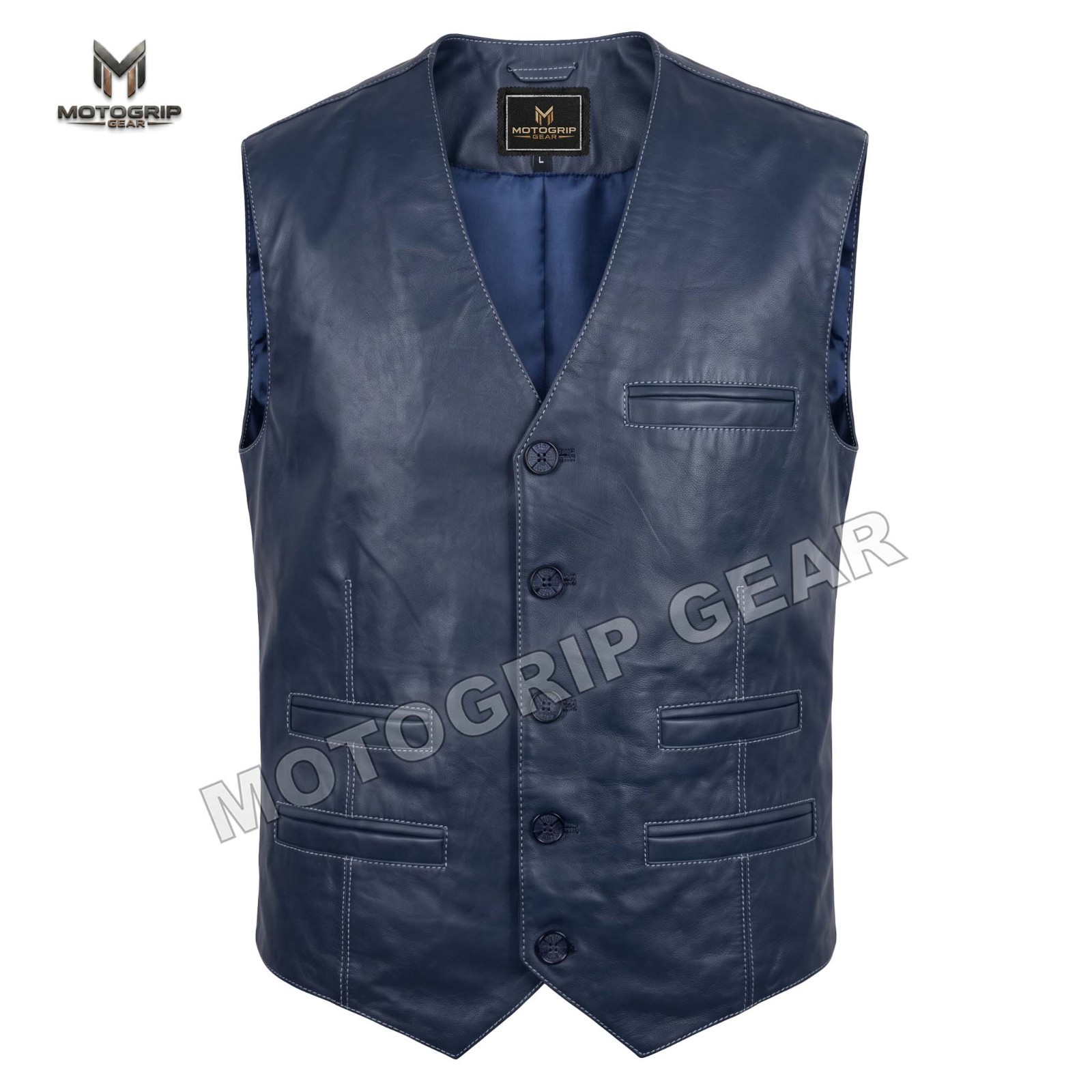 Men\'s Navy Blue Genuine Leather Vest Button Up Biker Waistcoat 5 Pocket Formal