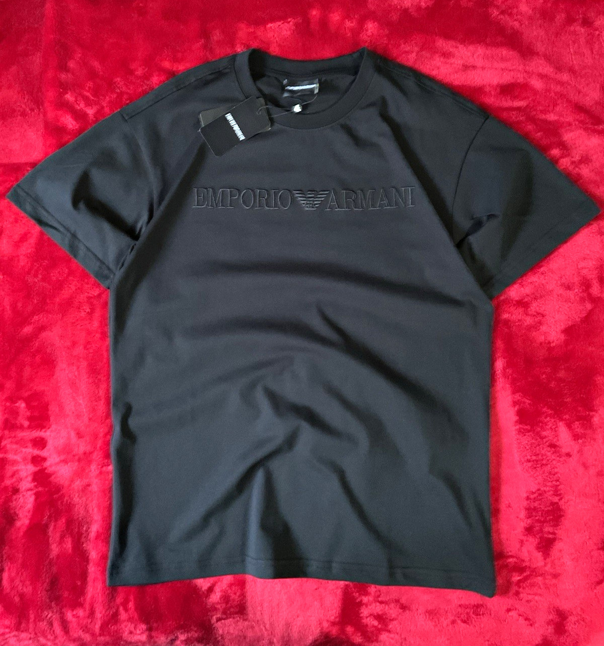 Emporio Armani Men\'s Embroidery Black Logo Cotton Crew Neck Shirt M 21.5 w x 28L