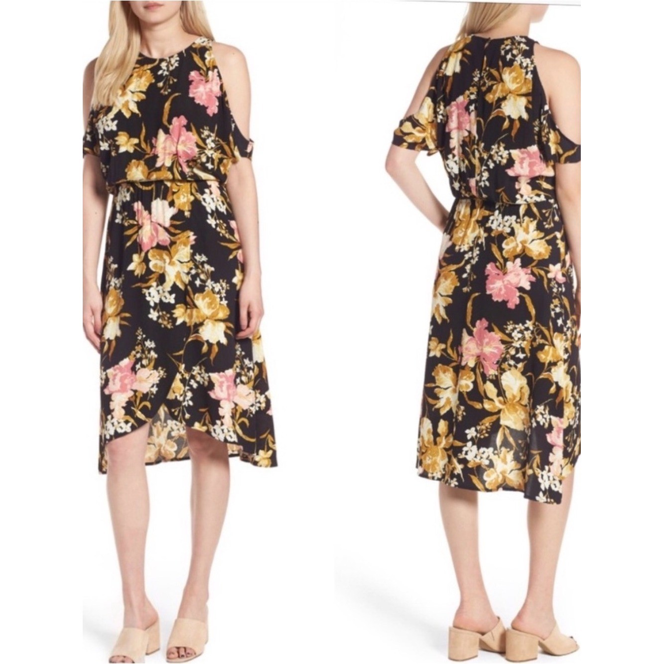 Nordstrom Leith Cold Shoulder Black Floral Midi Dress SZ L