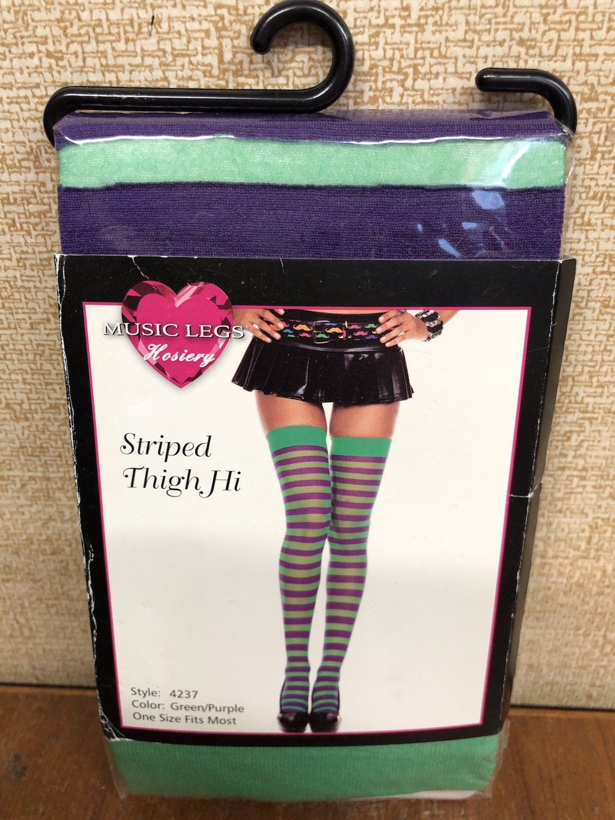 Brand New MUSIC LEGS Purple Green Joker Opaque Striped Tights Music Legs Hosiery
