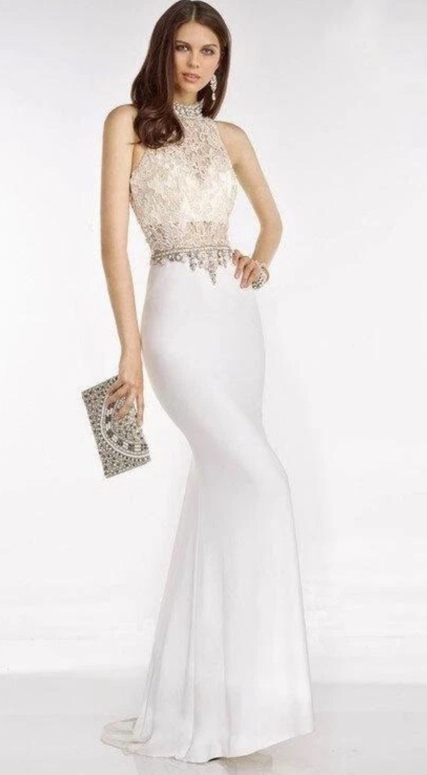 NWT $369.00 Alyce Paris High Neck Pearl Gold Lace /jersey Ivory #65125 Gown Sz 2