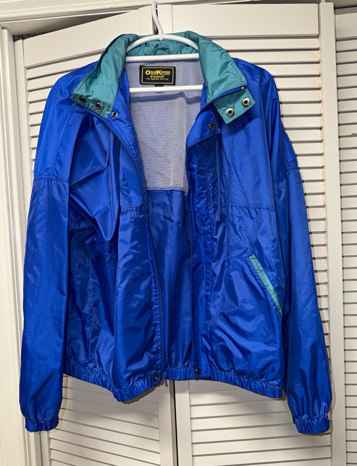Vintage OshKosh B\'gosh Mens Hooded Full Zip Nylon Windbreaker Mesh Lined Blue L
