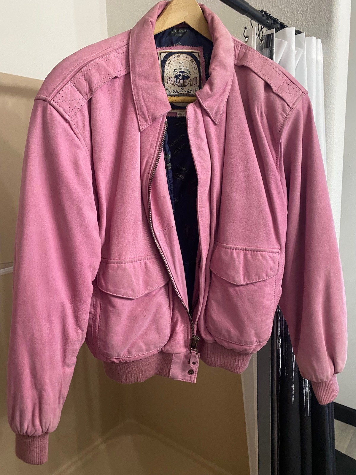 Vintage 80s Club Sport de Paris Pink Leather Bomber Jacket Womens Medium