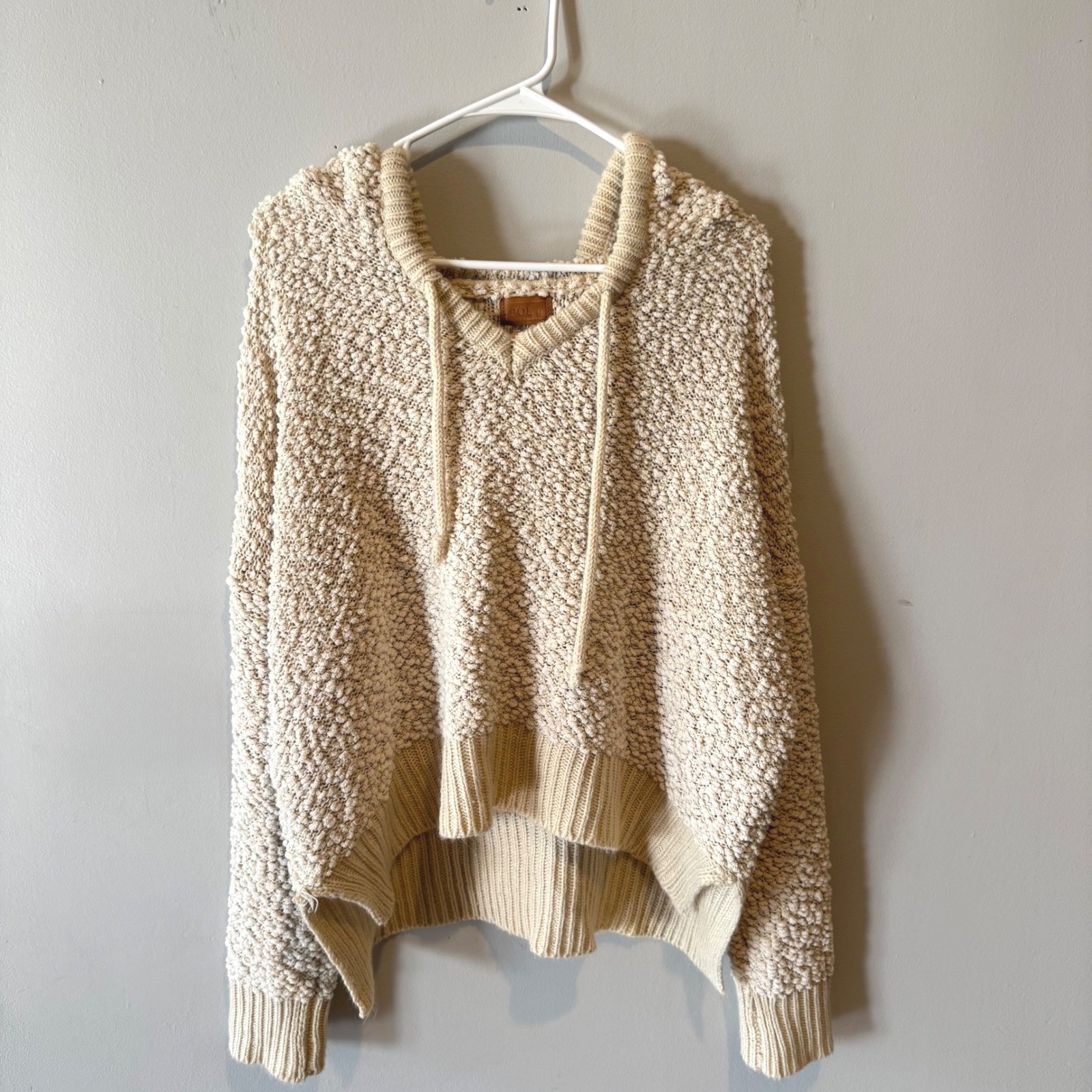 POL Popcorn Knit Hoodie Womens Medium Tan Oversized V-Neck Sweater POL15