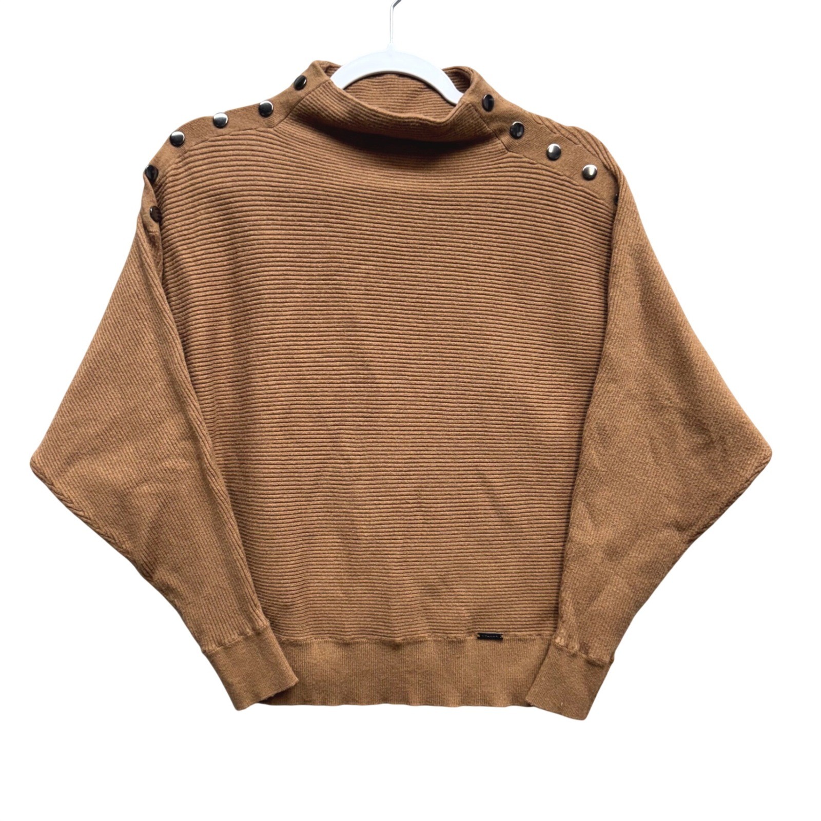 Tahari Womens Ribbed Mock Neck Button Shoulder Sweater Camel Brown Small