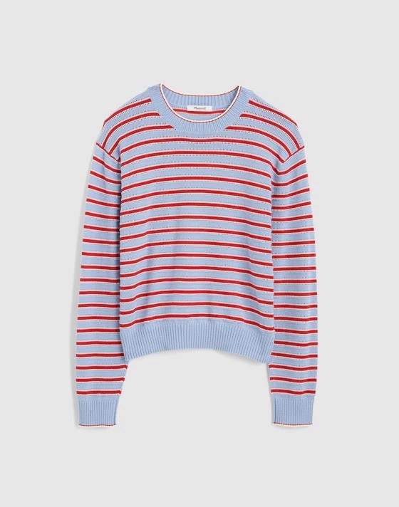 Madewell Striped Textured Knit Cotton Crewneck Sweater Blue Red M NWOT