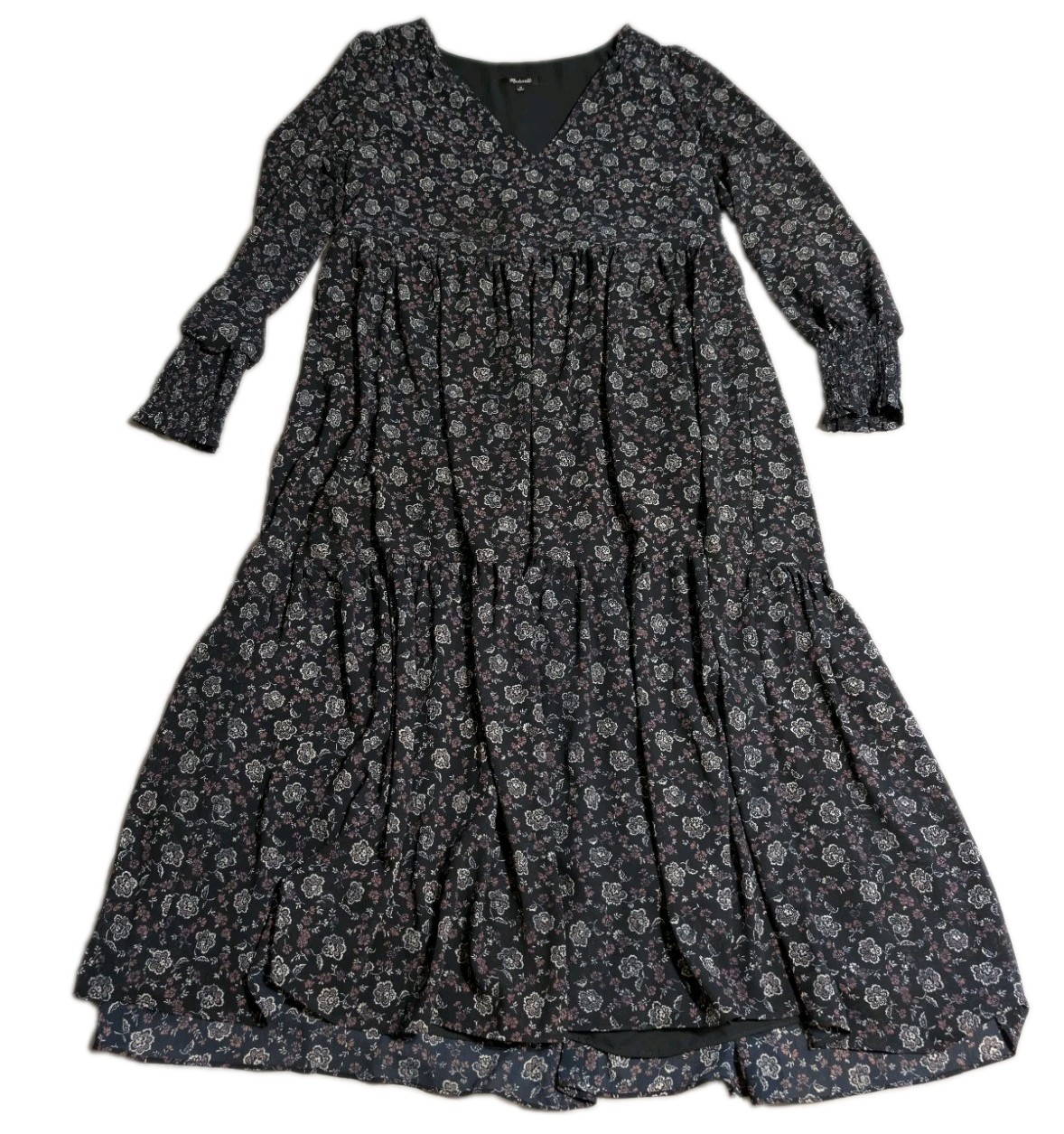 Madewell Georgette V-Neck Tiered Midi Dress Womens M Enchanted Floral Black