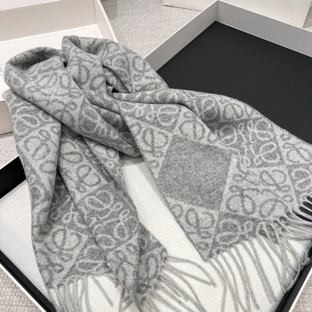 LOEWE Wool Cashmere Scarf Light Gray Anagram Jacquard Fringe Unisex 180x38cm