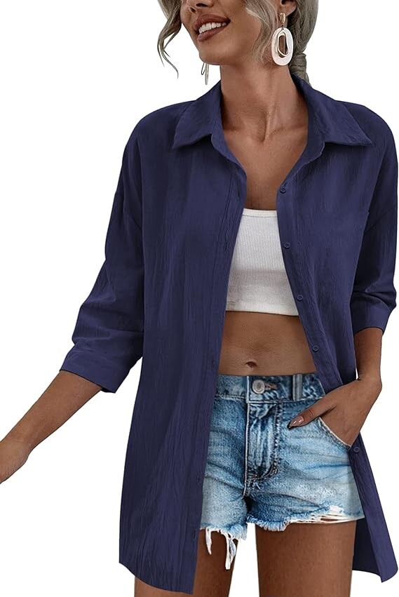 Zeagoo Women\'s Casual Button Down Oversized Shirt 3/4 Sleeve Navy Blouse Top M