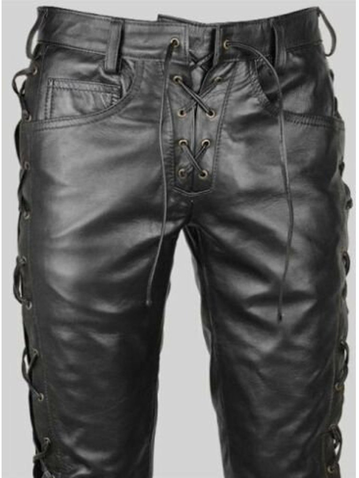 Handmade Men’s Genuine Sheep Leather Side Laces Black Leather Biker Trousers
