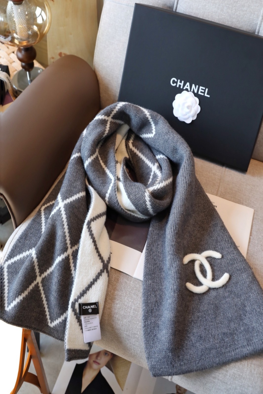 CHANEL Wool Cashmere Scarf Gray Ivory Diamond Pattern CC Logo 30x180cm