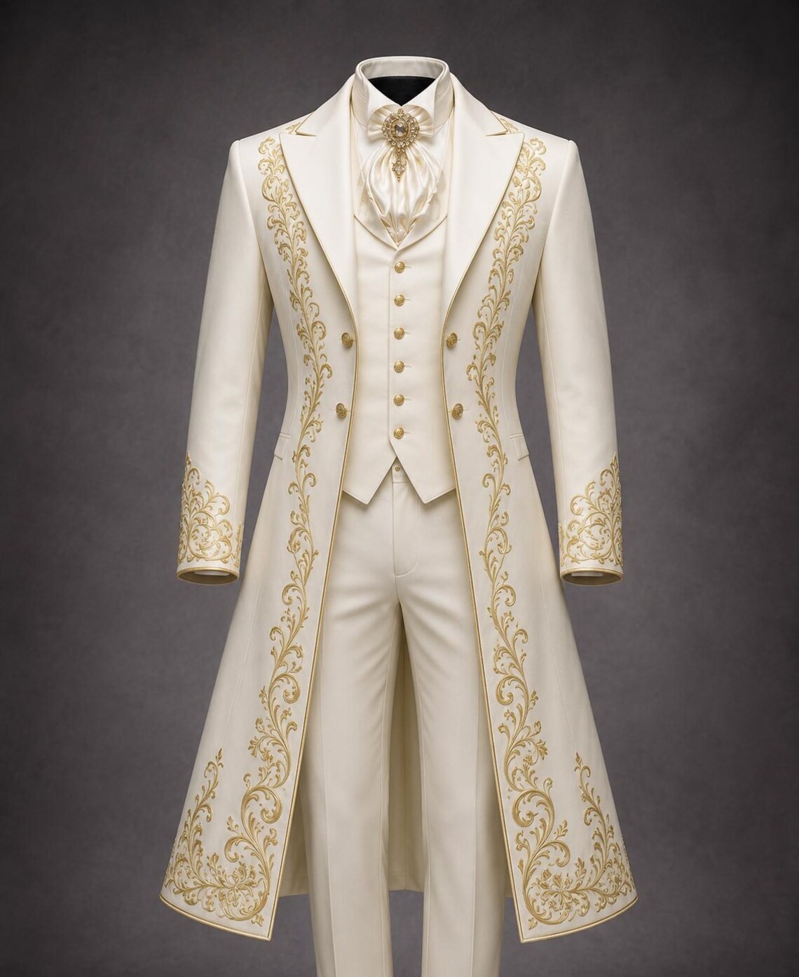Men Women White Gold Tailsuit Formal Tuxedo Embroidered Wedding Prom Prince Cost