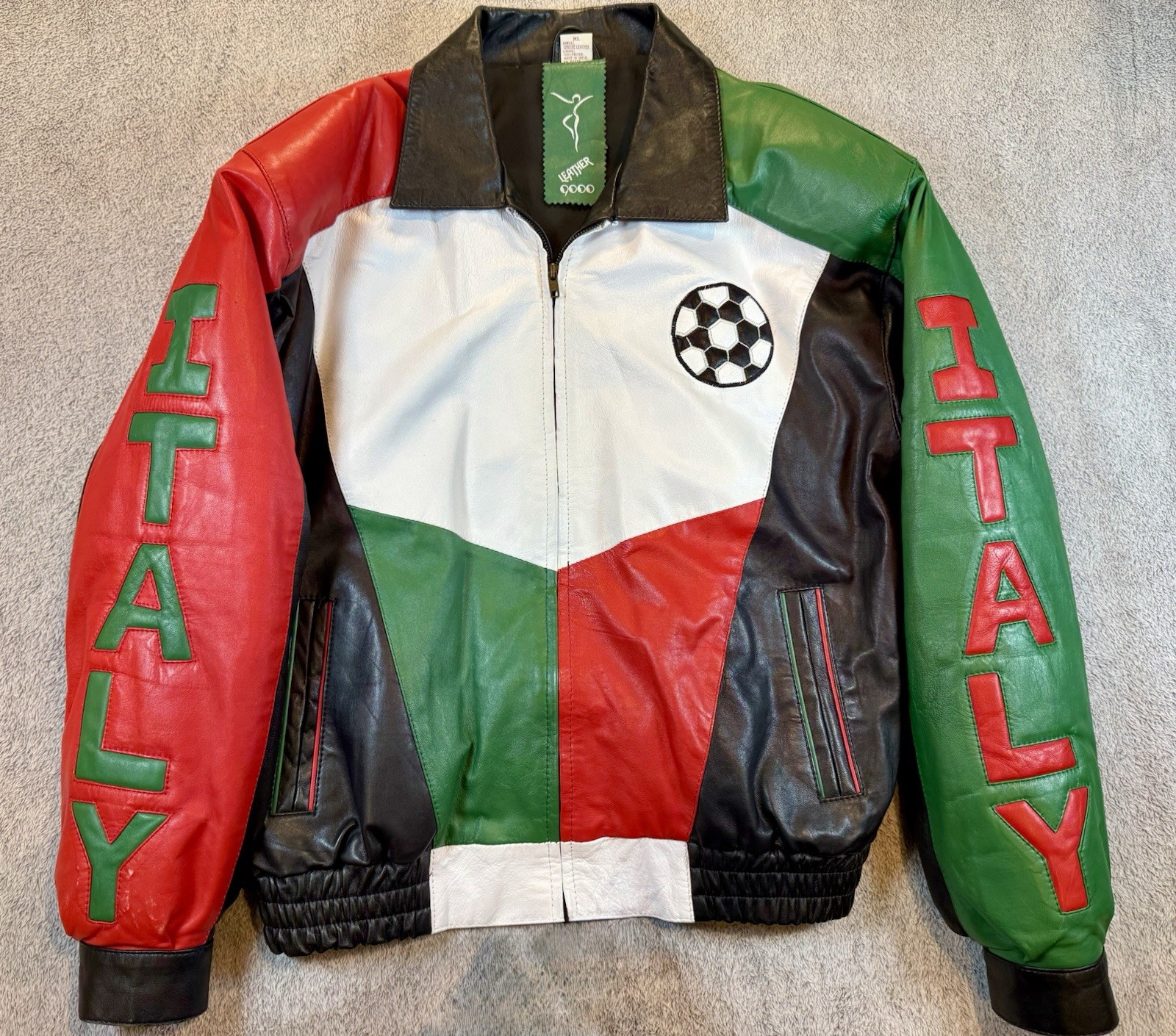 Authentic 1960s VTG 100% Italian Leather 9000 Bomber Jacket XL Team Italy Soccer