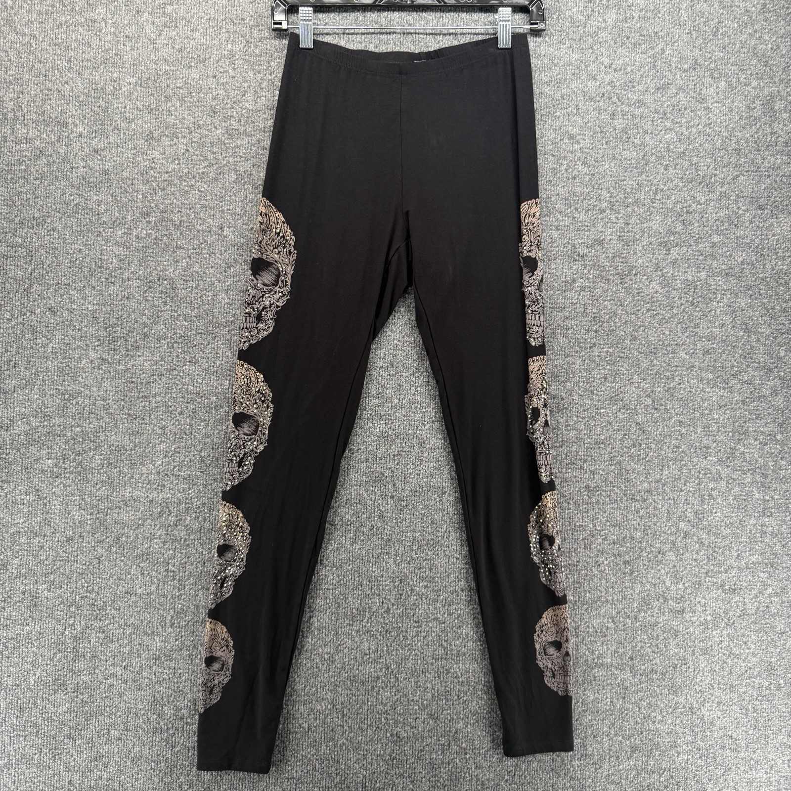 Vocal Leggings Womens S Black Graphic Skull Rhinestone Pull On Goth Grunge Biker
