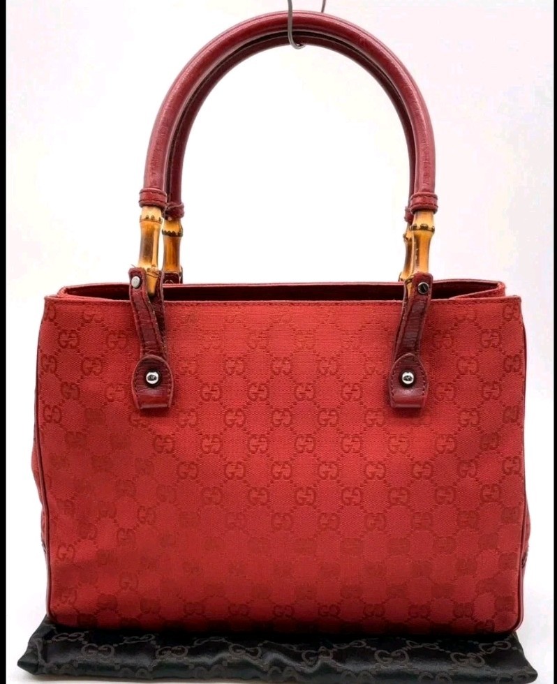 Auth Vintage Gucci 112526 Bamboo GG Canvas Leather Red Tote Bag W/Dust Bag 