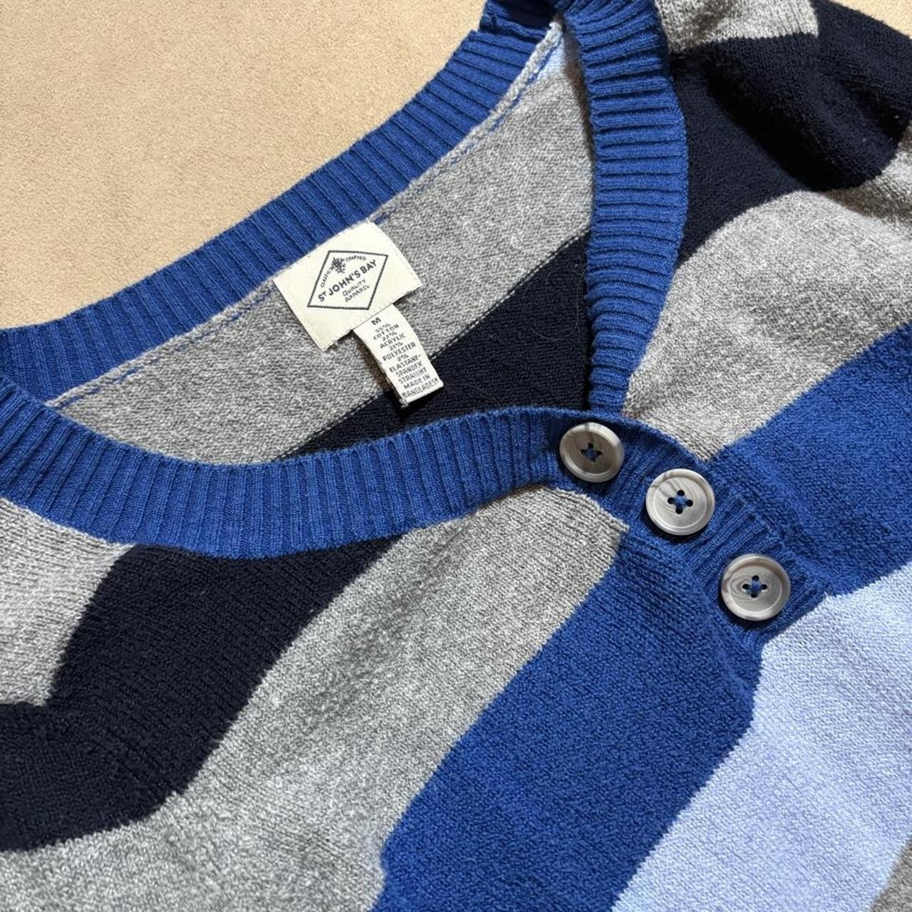 **St. John’s Bay Blue, Gray & Black Striped Sweater – Size Medium 💙🩶🖤✨**