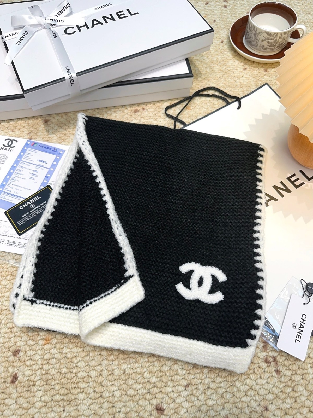 CHANEL Cashmere Wool Knit Scarf Black White CC Logo 180x30cm