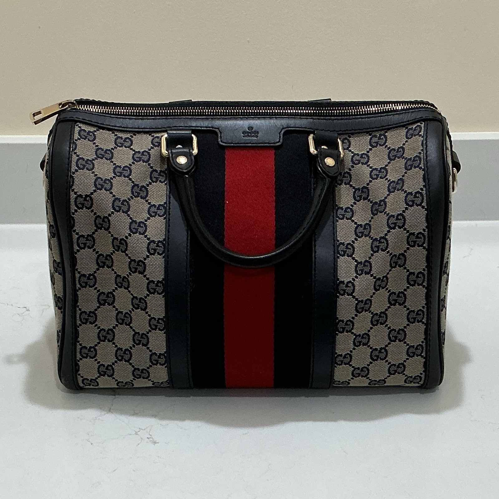 Gucci GG Canvas Web Stripe Satchel Top Handle Zip Bag w/ Detachable Strap