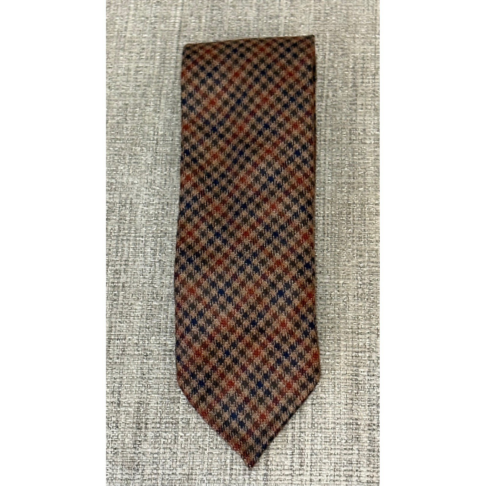 Viola Milano 100% Cashmere Tie Brown  Navy Rust Houndstooth Handmade Italy 3.25\