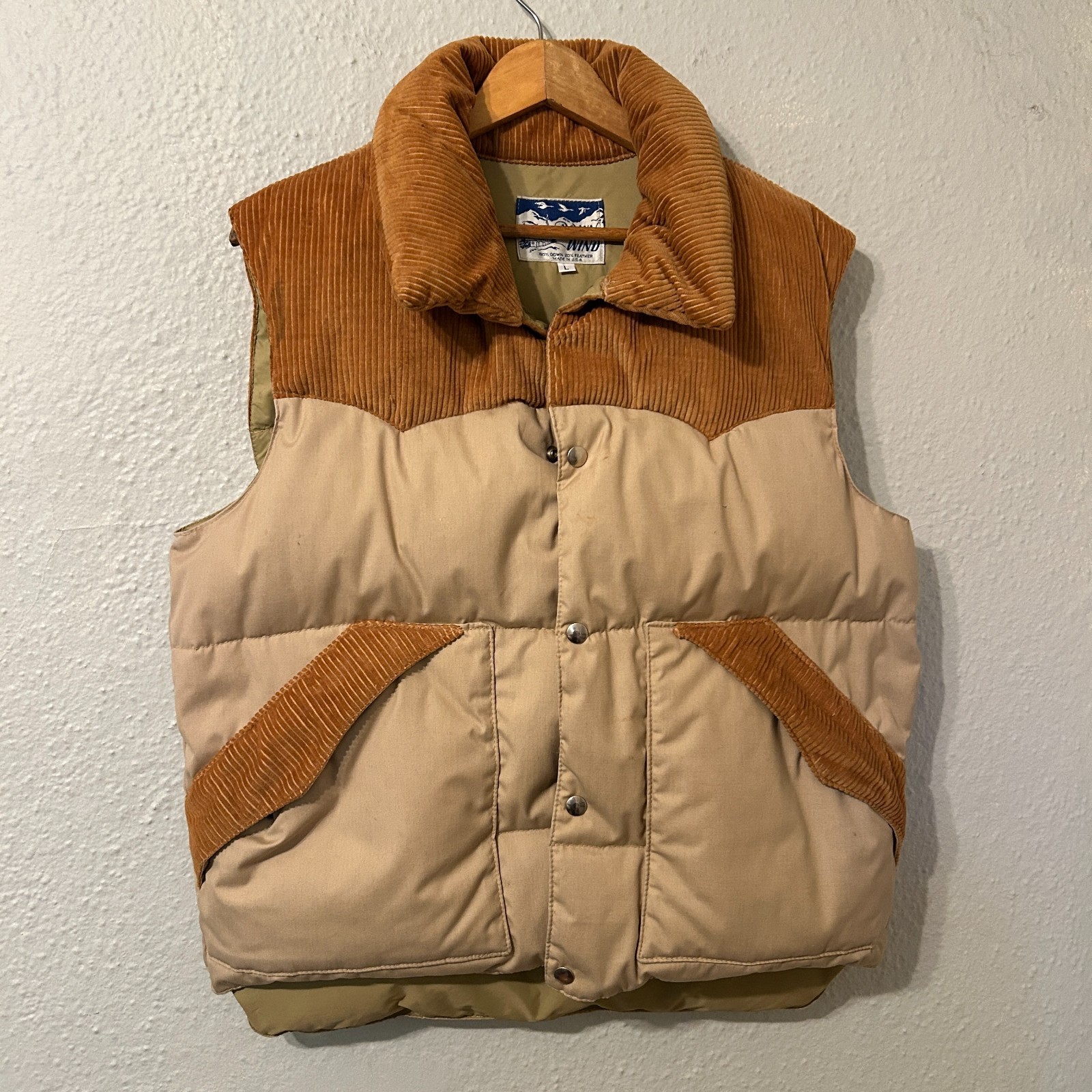 Vtg 70s Down Wind Mens L Goose Puffer Vest Khaki Brown Corduroy Rocky Mountain