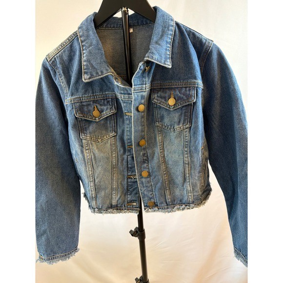 Womens Blue Cropped Denim Jacket Frayed Raw Hem Medium Wash Size M