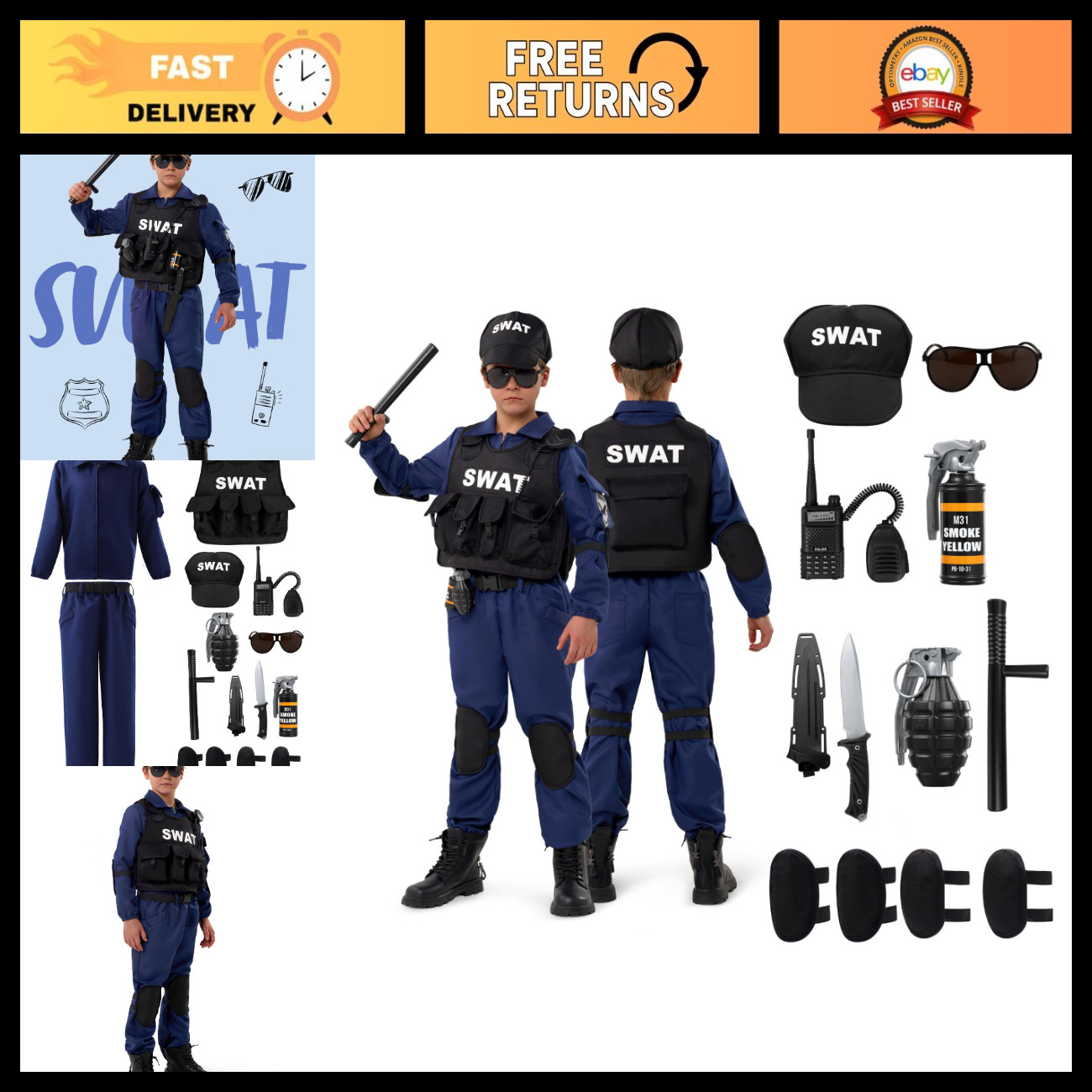 17 Pcs Kids SWAT Police Costume Set - Boys Halloween Dress Up & Cosplay Outfit