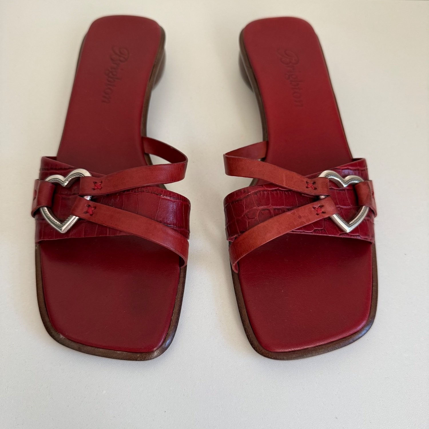 Brighton Rio Slide Sandals Women\'s 6.5 Red Embossed Leather Square Open Toe