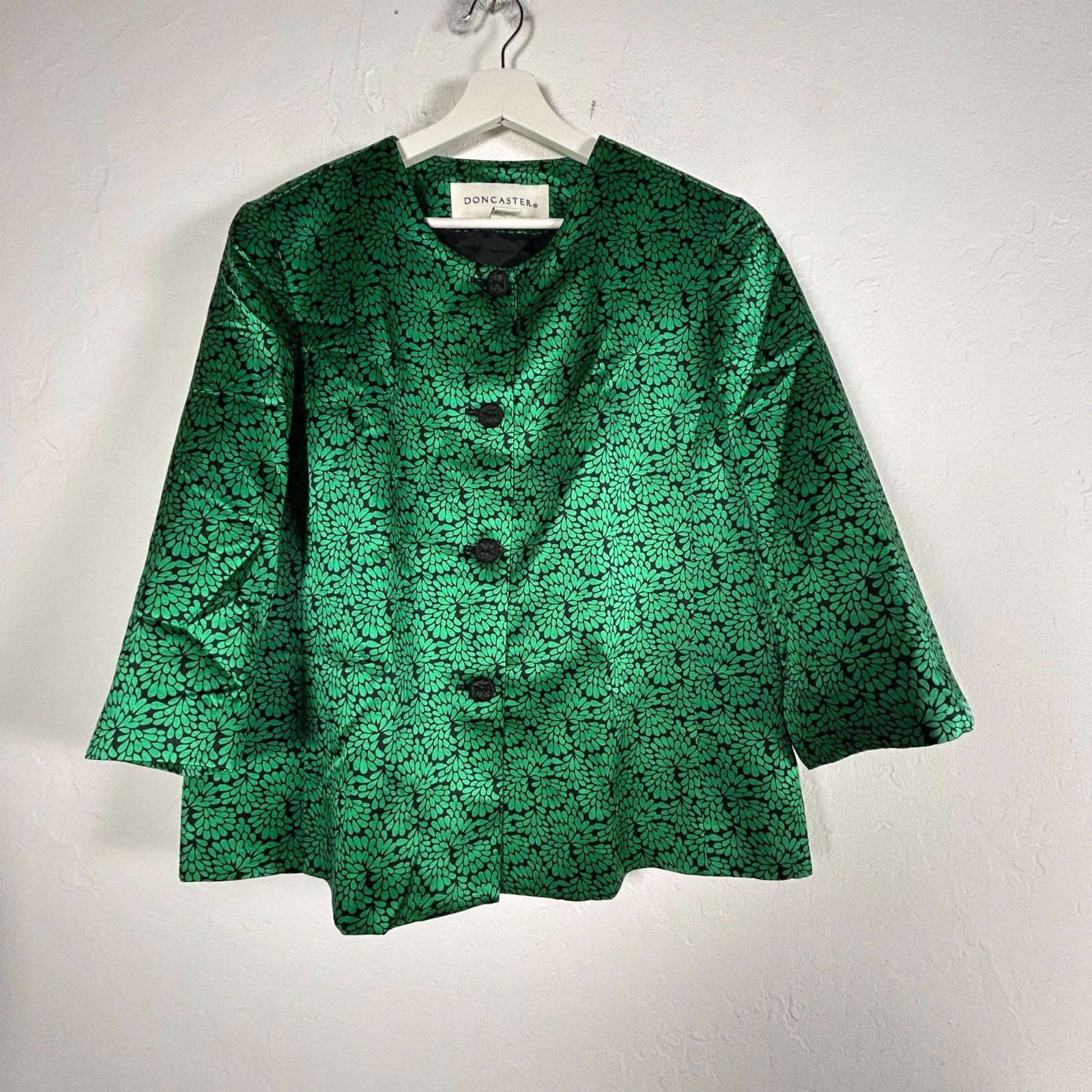 Doncaster Women\'s Floral Blazer Jacket Green Black Cotton Silk Formal Coat