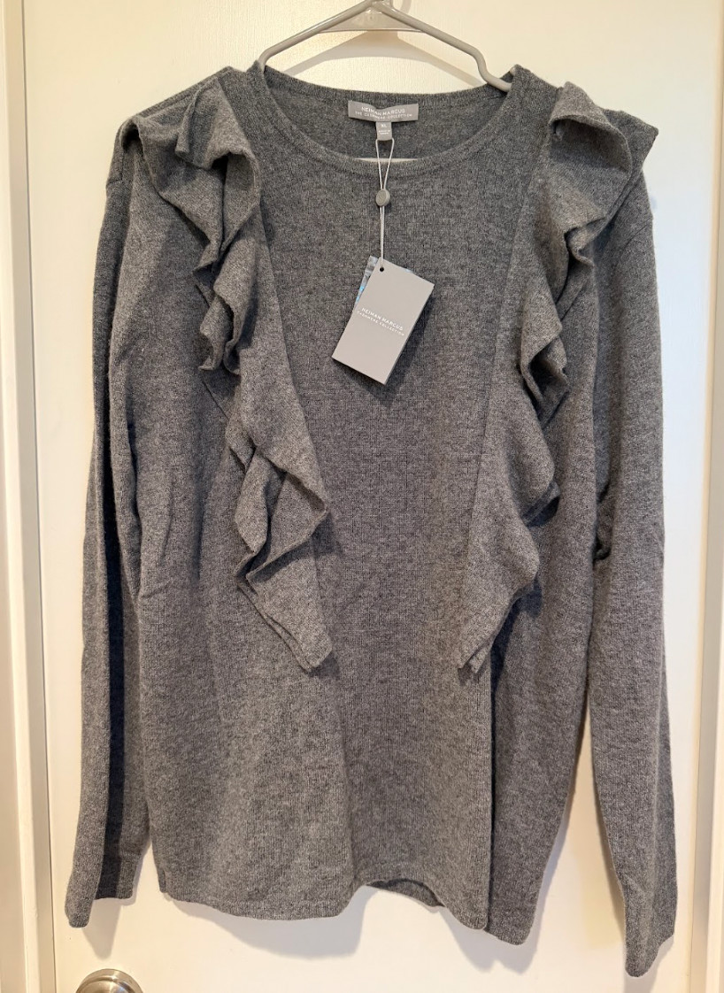 NWT Neiman Marcus XL Gray Cashmere Cardigan with Frills