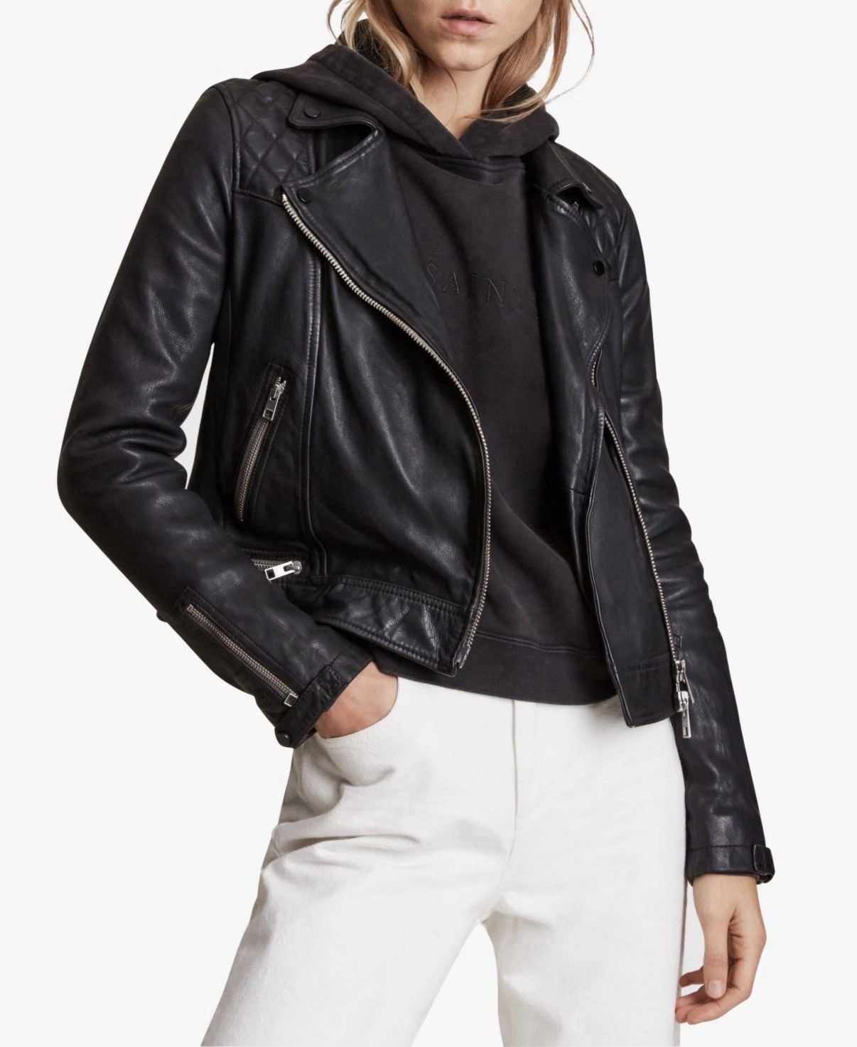 All Saints Conroy Sheep Leather Biker Jacket Women\'s Size 4 Black Full Zip