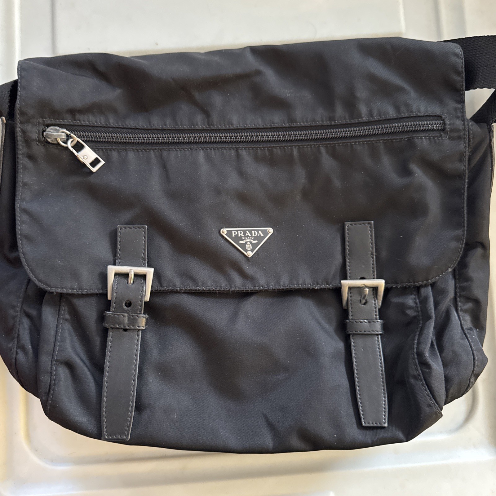 PRADA Black Messenger Bag Logo Plaque Buckle Straps Zip, 