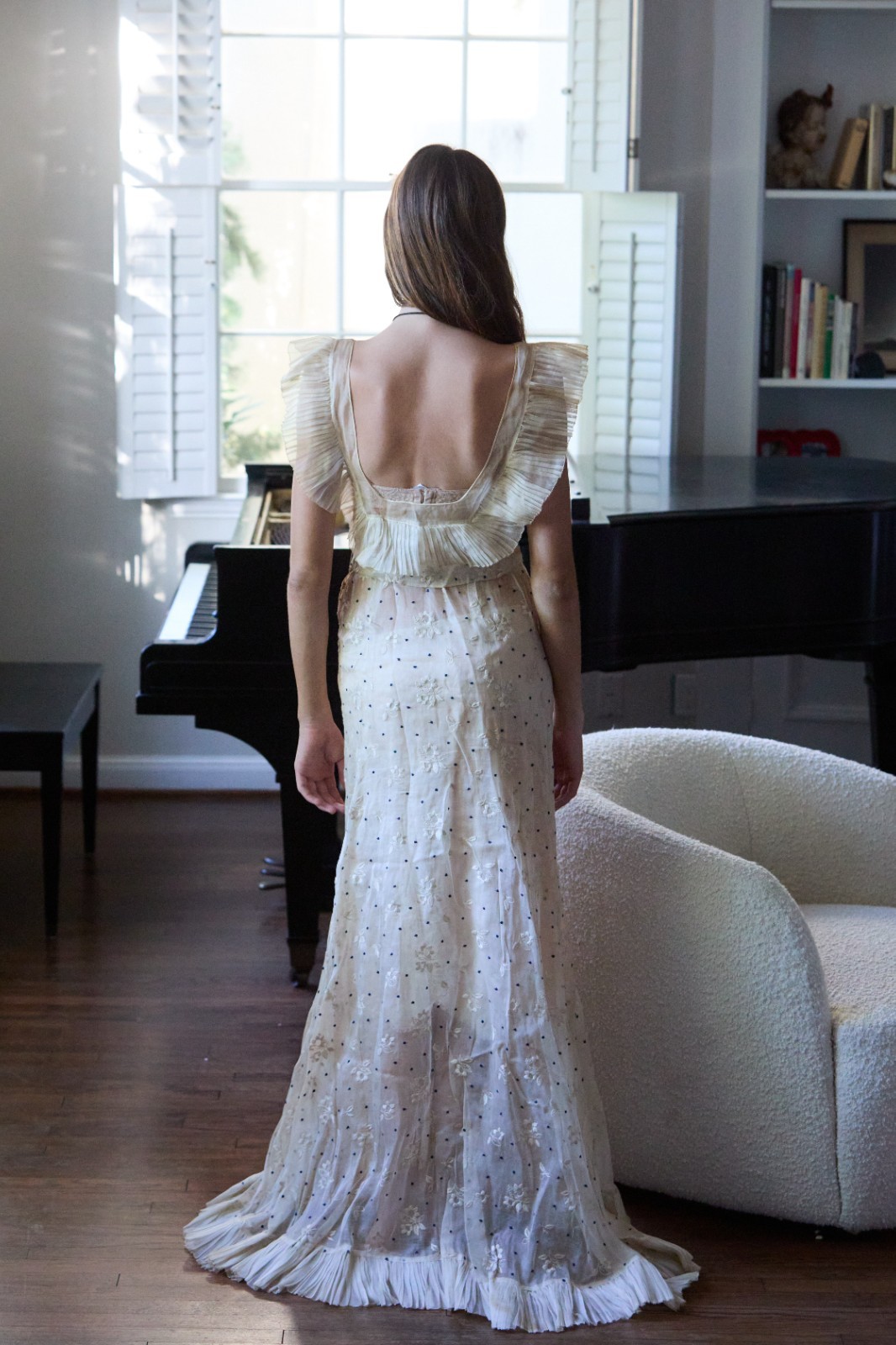 Stunning Vintage 1930s XS S Organza Gown Dress Antique Sheer Pleated Ruffles