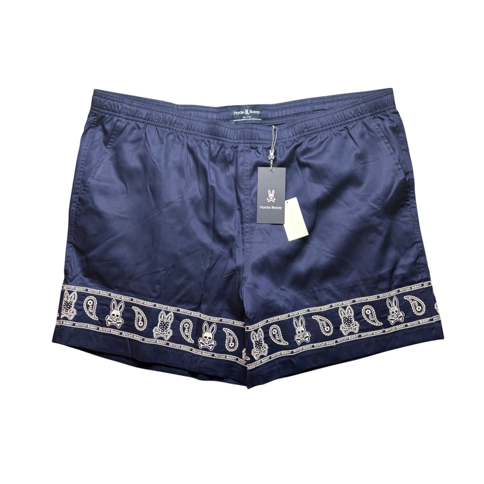 Psycho Bunny Luke Shorts Mens XXL Navy Blue Paisley Border Print Elastic Waist